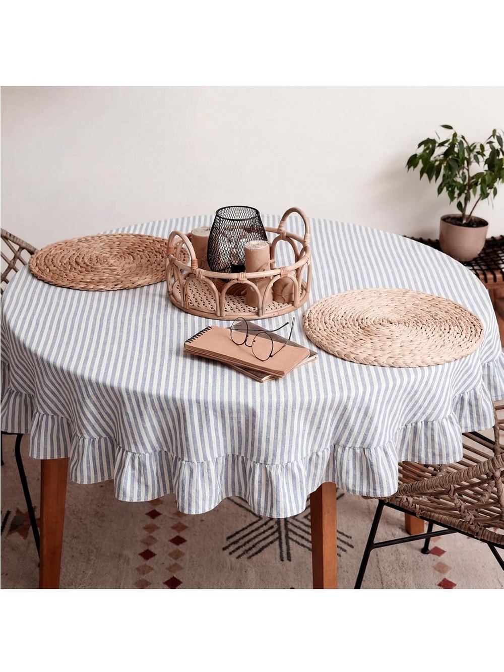 NEW Frienda Blue Stripe Ruffle Table Cloth Farmhouse - Picture 7 of 10